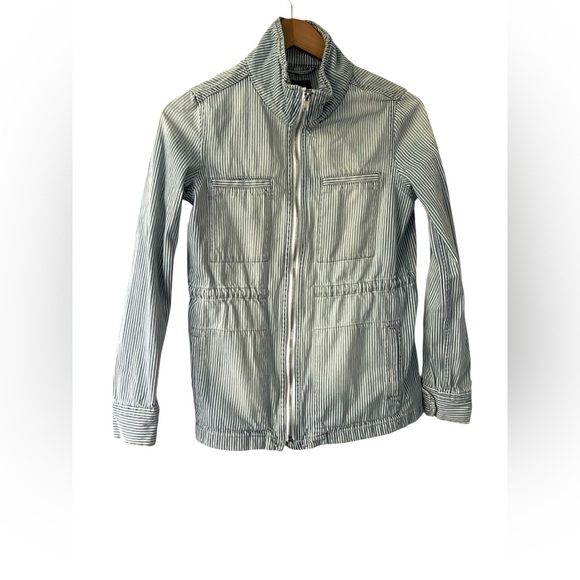 GAP Utility Jacket Medium Classic Military Safari White Blue Pinstripes Pockets - Picture 1 of 4
